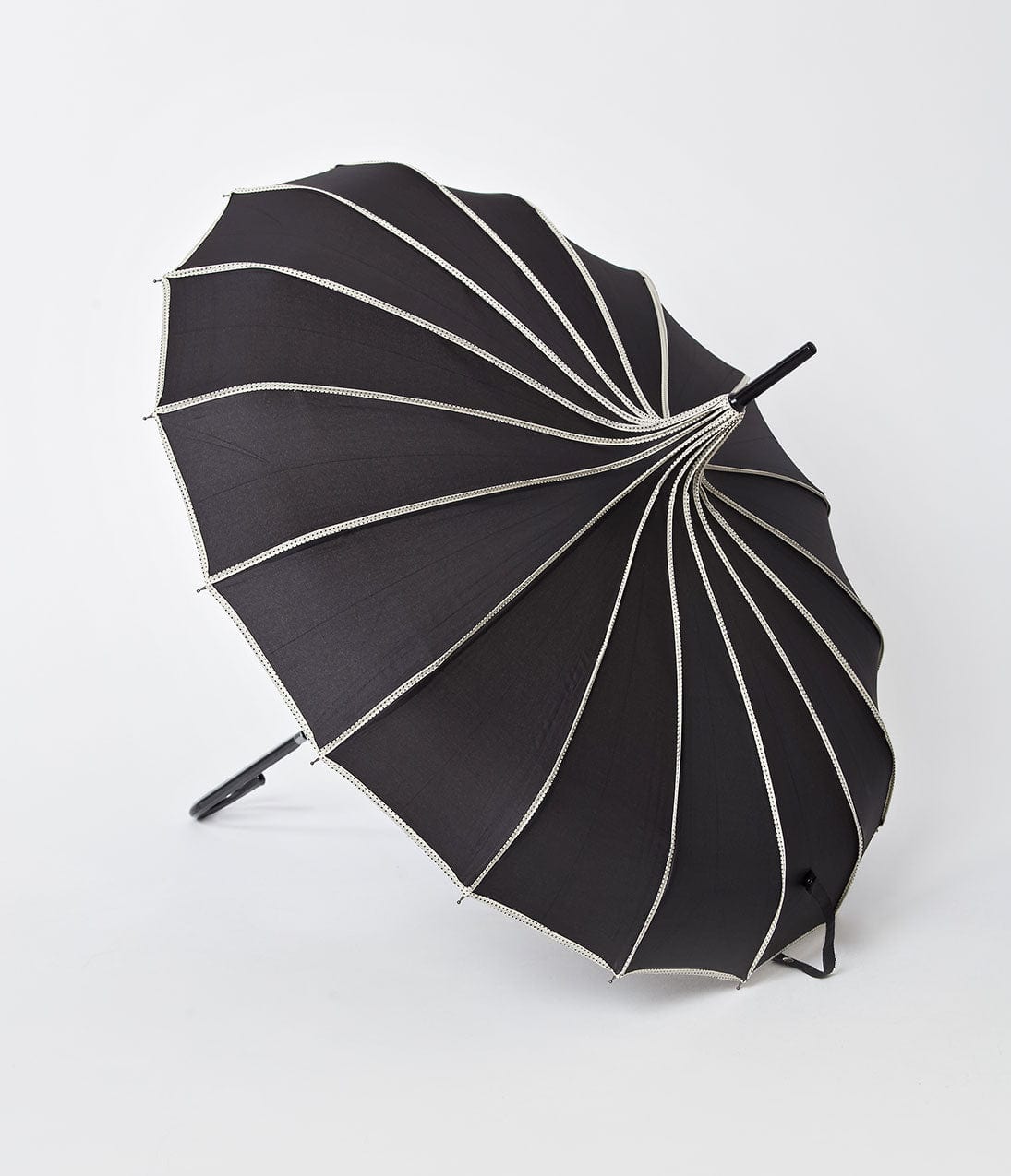 Unique Vintage Black & Polka Dot Tan Princess Pagoda Umbrella - Unique Vintage - Womens, ACCESSORIES, UMBRELLAS