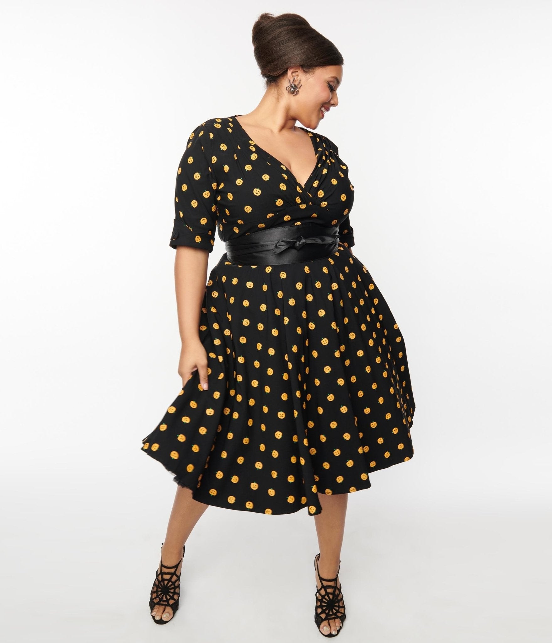Unique Vintage Black Pumpkin Delores Swing Dress Unique Vintage