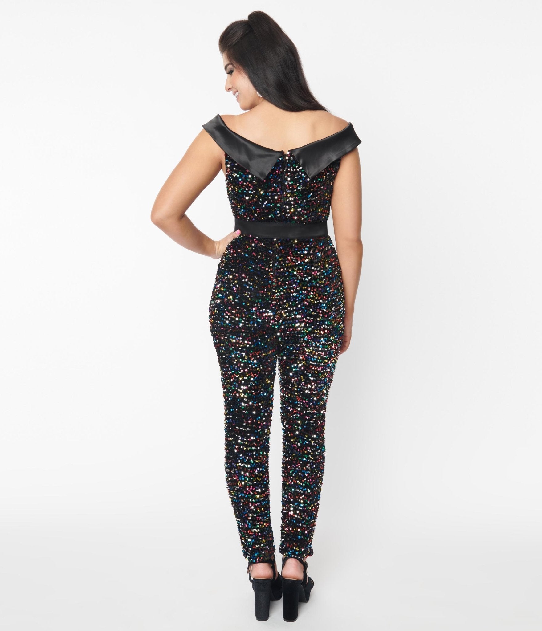 Unique Vintage Black & Rainbow Sequin Gillian Jumpsuit - Unique Vintage - Womens, BOTTOMS, ROMPERS AND JUMPSUITS