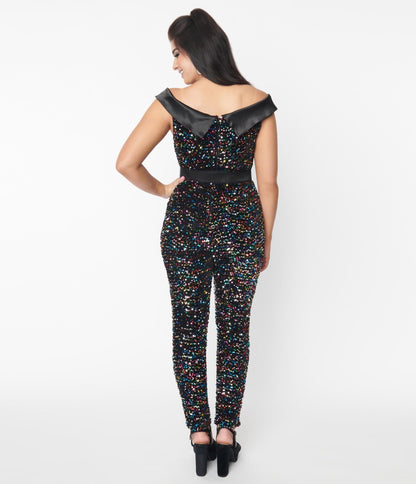 Unique Vintage Black & Rainbow Sequin Gillian Jumpsuit - Unique Vintage - Womens, BOTTOMS, ROMPERS AND JUMPSUITS