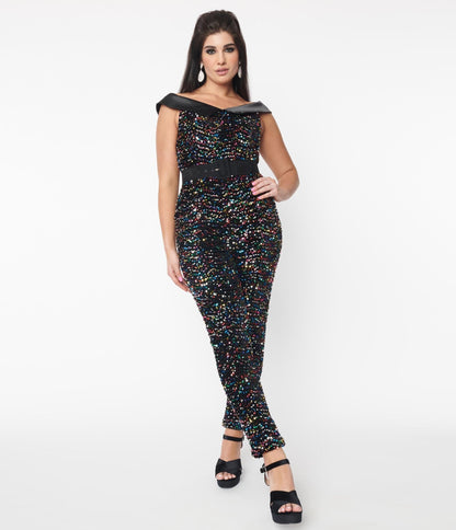 Unique Vintage Black & Rainbow Sequin Gillian Jumpsuit - Unique Vintage - Womens, BOTTOMS, ROMPERS AND JUMPSUITS