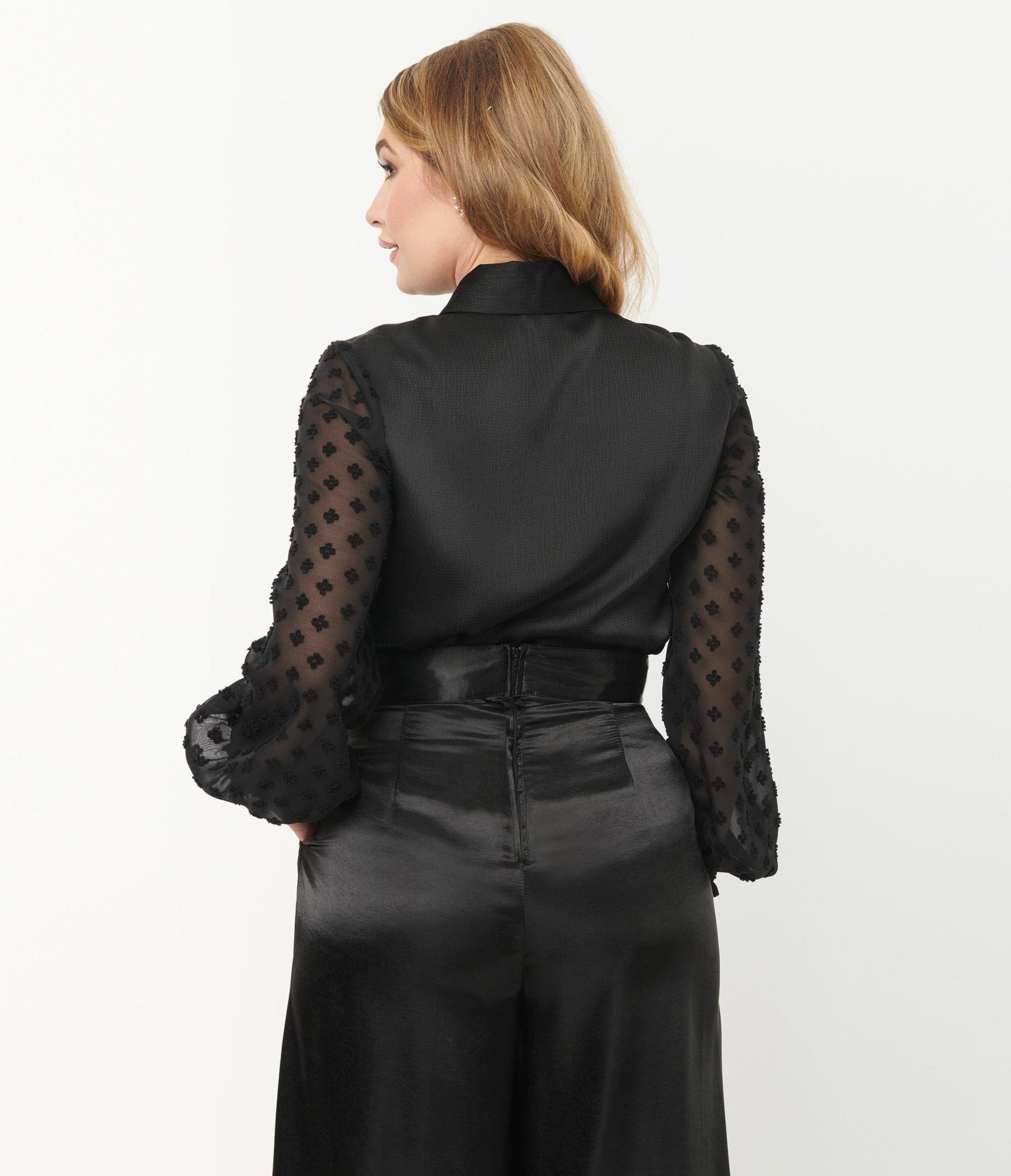 Unique Vintage Black Satin & Clip Dot Sleeve Blouse - Unique Vintage - Womens, TOPS, WOVEN TOPS