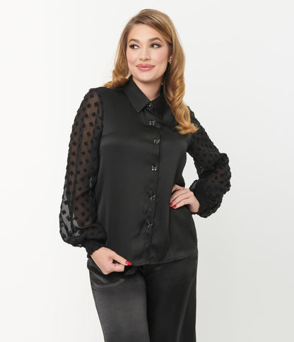 Unique Vintage Black Satin & Clip Dot Sleeve Blouse - Unique Vintage - Womens, TOPS, WOVEN TOPS