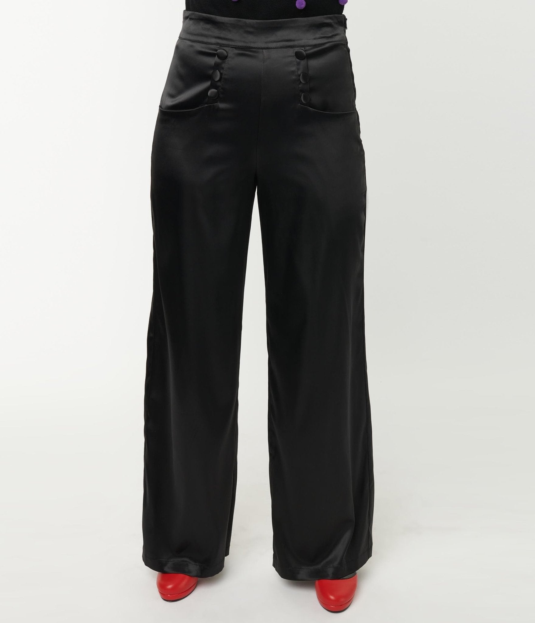 Unique Vintage Black Satin High Waist Ginger Pants - Unique Vintage - Womens, BOTTOMS, PANTS