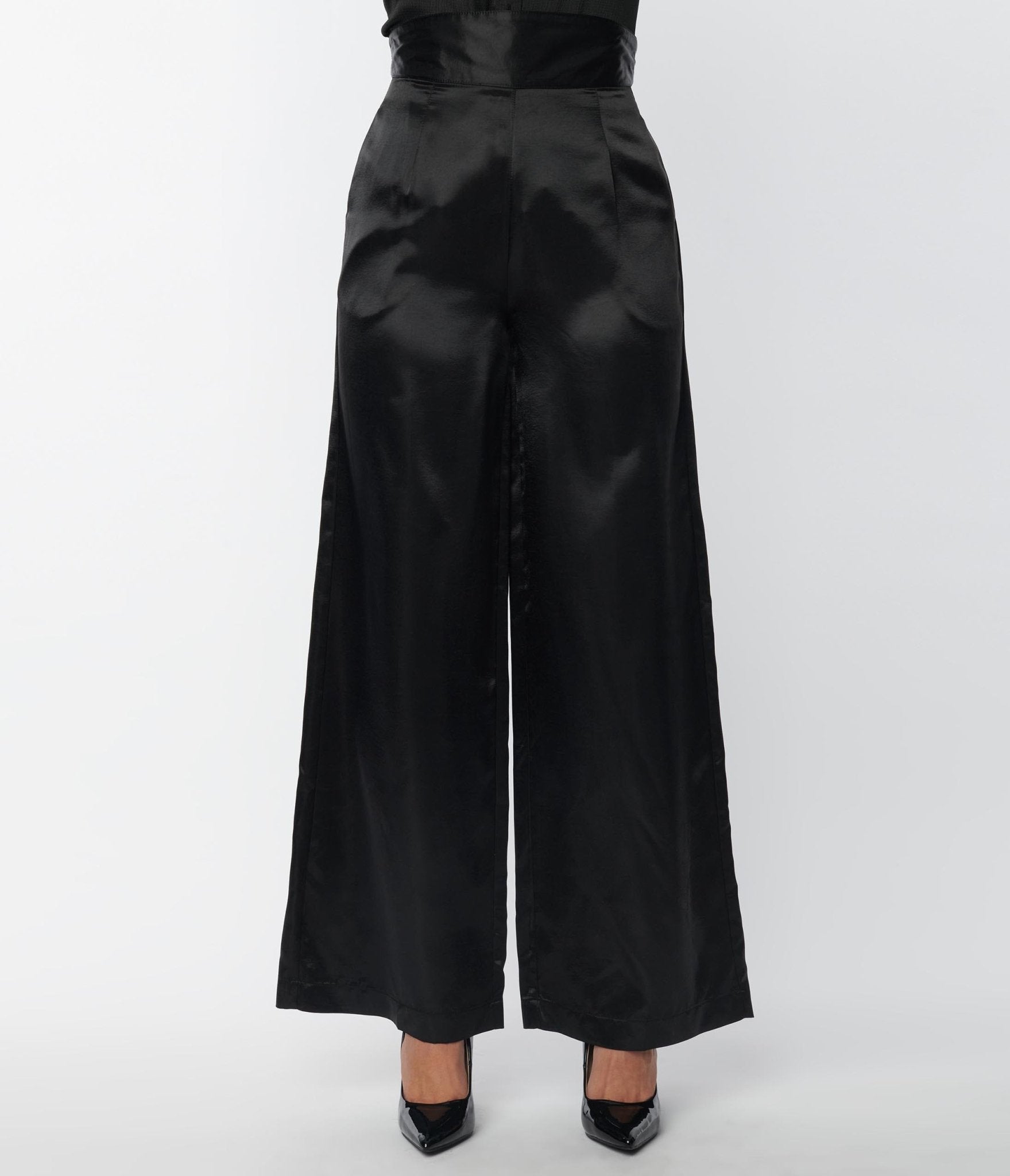 Unique Vintage Black Satin High Waist Pants - Unique Vintage - Womens, BOTTOMS, PANTS