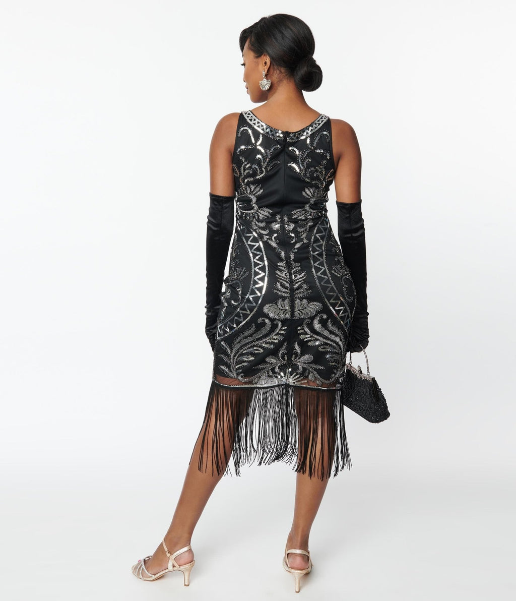 Unique Vintage Black & Silver Sequin Sleeveless Fringe Flapper Dress - Unique Vintage - Womens, FLAPPER, SLEEVELESS BEADED