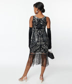 Unique Vintage Black & Silver Sequin Sleeveless Fringe Flapper Dress - Unique Vintage - Womens, FLAPPER, SLEEVELESS BEADED
