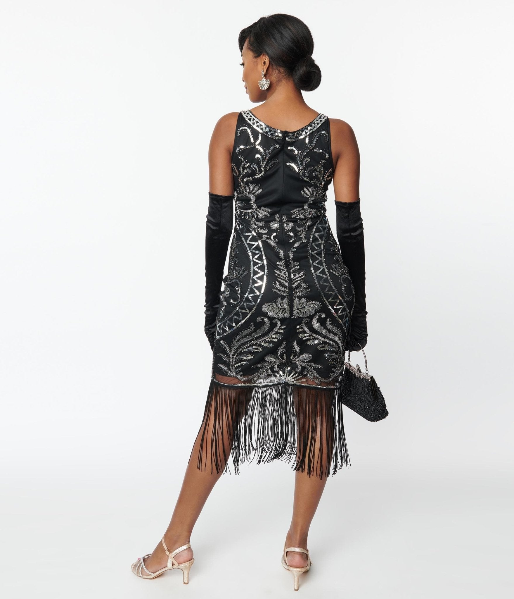 Unique Vintage Black & Silver Sequin Sleeveless Fringe Flapper Dress - Unique Vintage - Womens, FLAPPER, SLEEVELESS BEADED