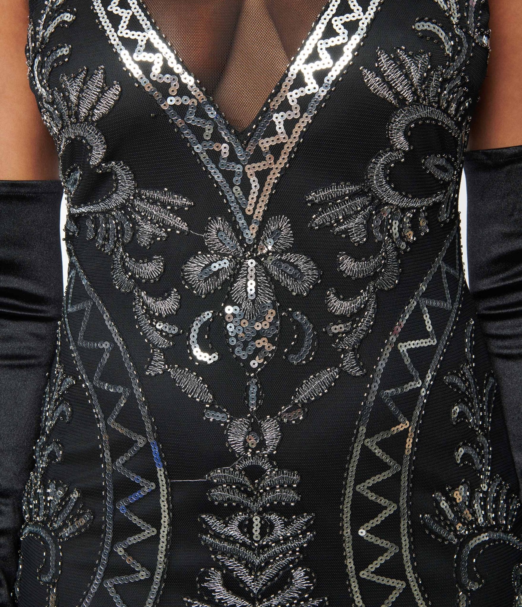 Unique Vintage Black & Silver Sequin Sleeveless Fringe Flapper Dress - Unique Vintage - Womens, FLAPPER, SLEEVELESS BEADED