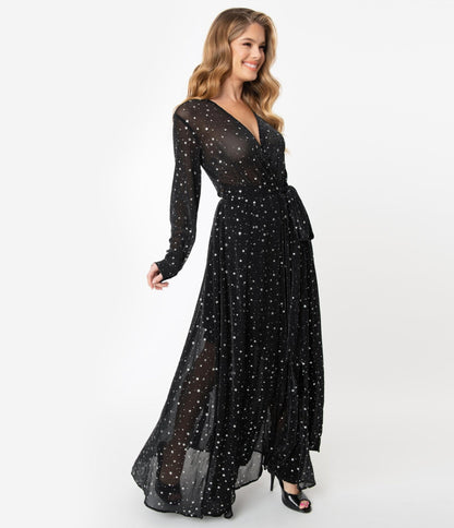 Unique Vintage Black & Silver Stars Farrah Maxi Dress - Unique Vintage - Womens, DRESSES, MAXI
