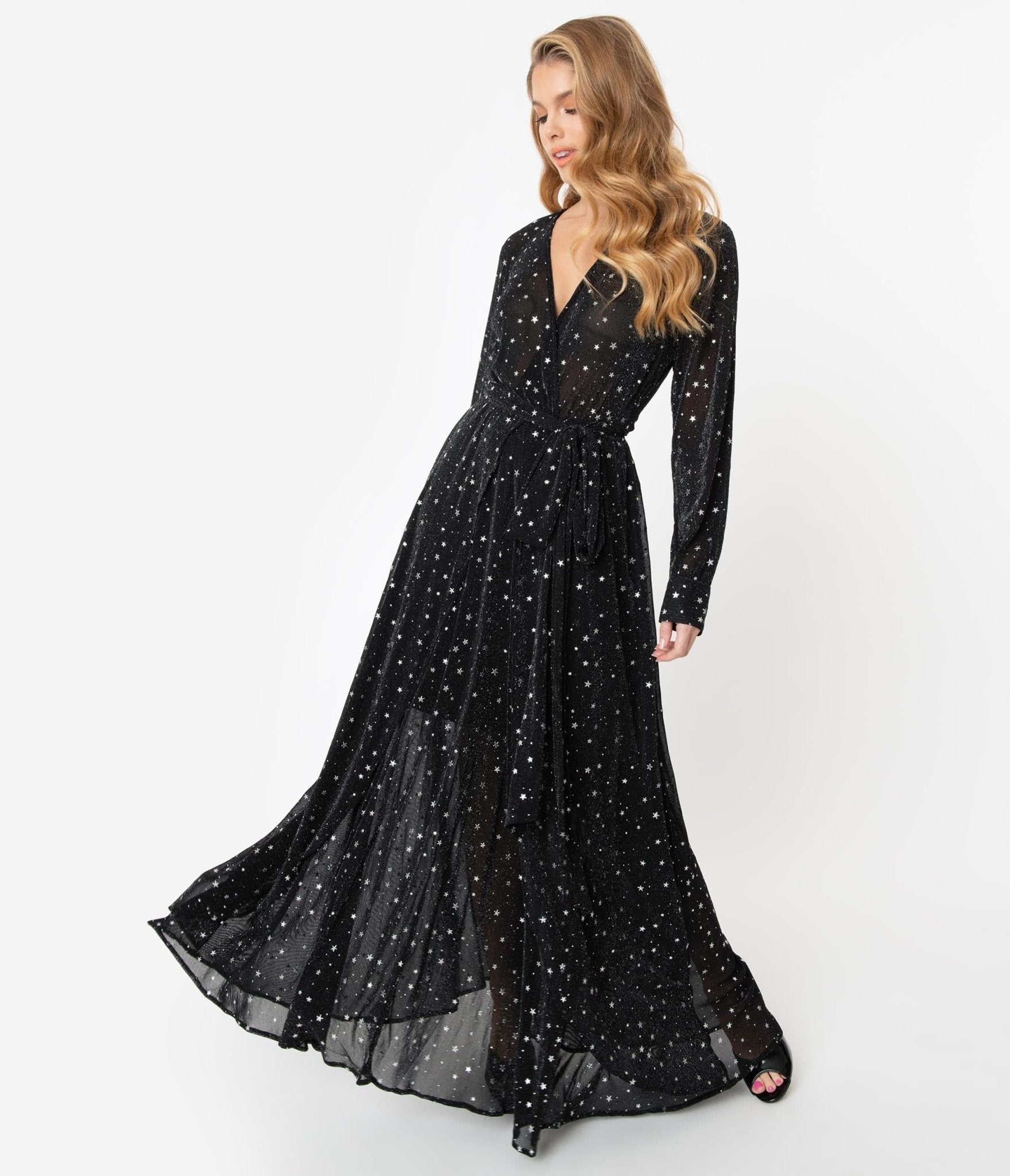 Unique Vintage 1970s Black Silver Stars Farrah Maxi Dress