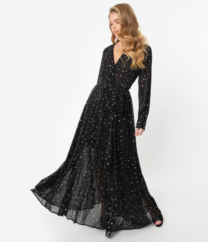 Unique Vintage Black & Silver Stars Farrah Maxi Dress - Unique Vintage - Womens, DRESSES, MAXI