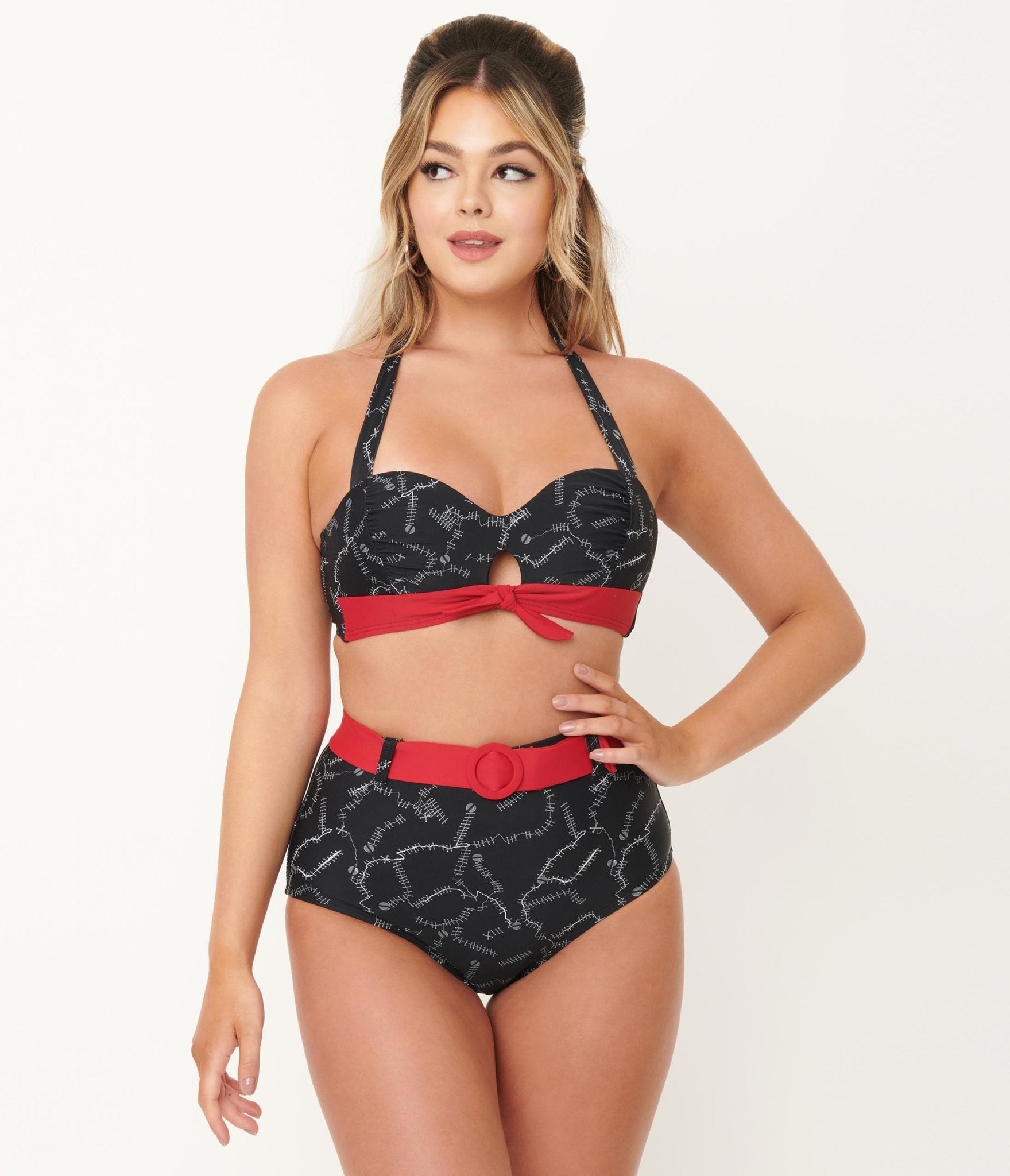 Unique Vintage Black Spooky Stitches Belted Redondo Swim Bottoms - Unique Vintage - Womens, SWIM, BOTTOM