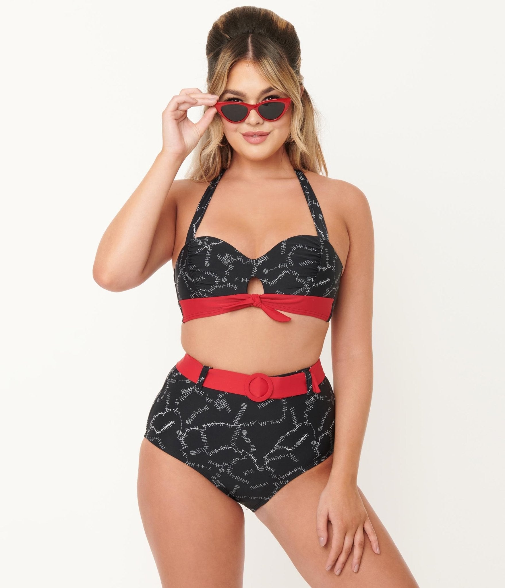 Unique Vintage Black Spooky Stitches Belted Redondo Swim Bottoms - Unique Vintage - Womens, SWIM, BOTTOM