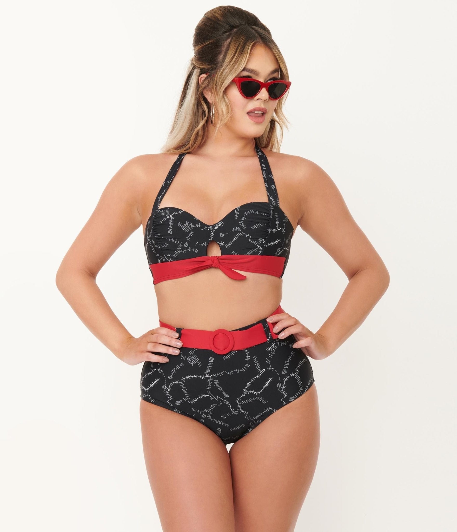 Unique Vintage Black Spooky Stitches Belted Redondo Swim Bottoms - Unique Vintage - Womens, SWIM, BOTTOM