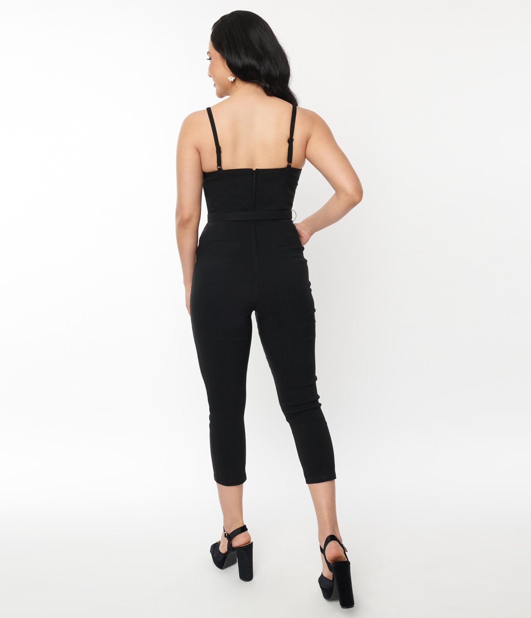 Unique Vintage Black Sweetheart Tie Cropped Jumpsuit