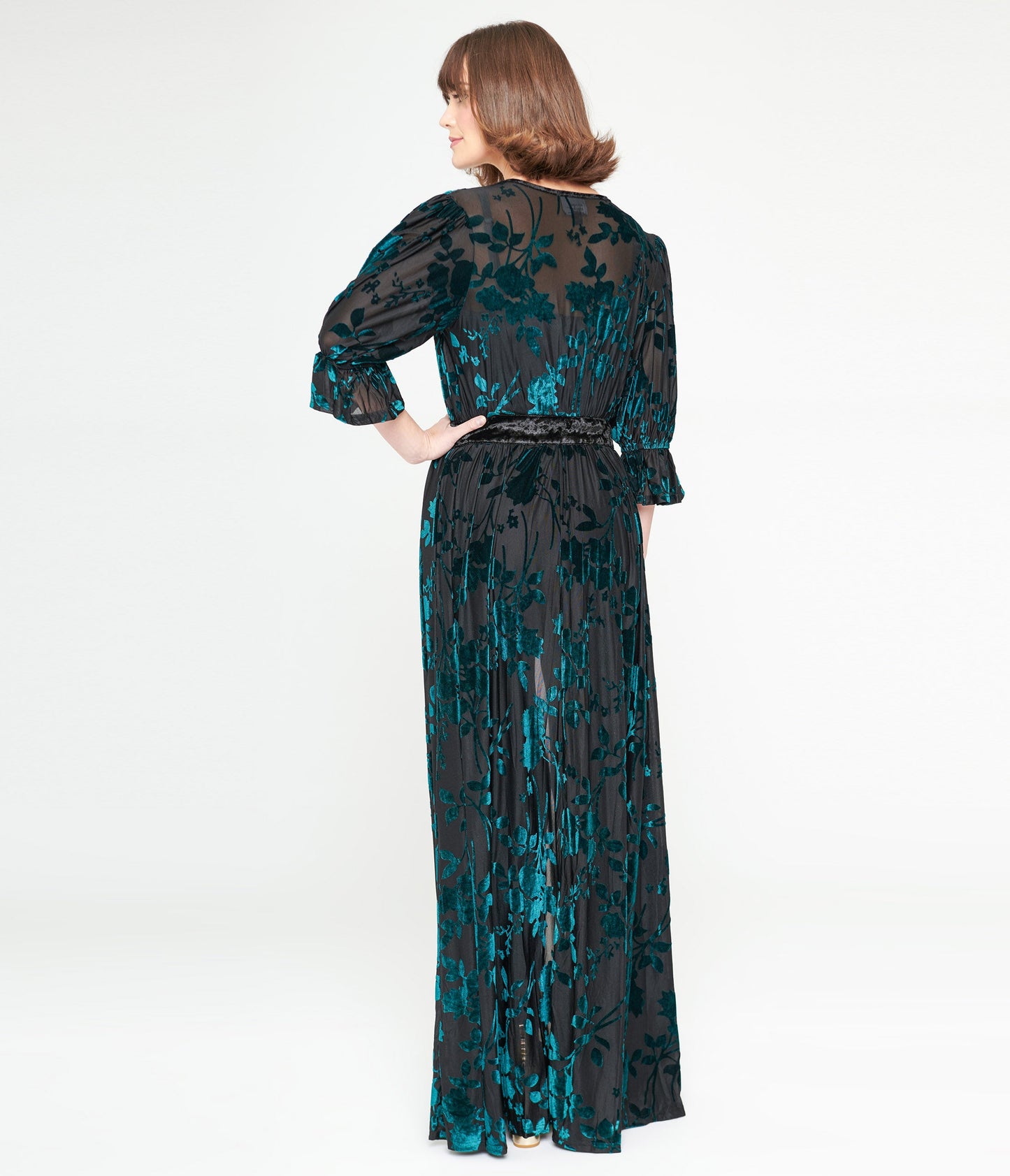 Unique Vintage Black & Teal Floral Velvet Burnout Duster - Unique Vintage - Womens, DRESSES, MAXI