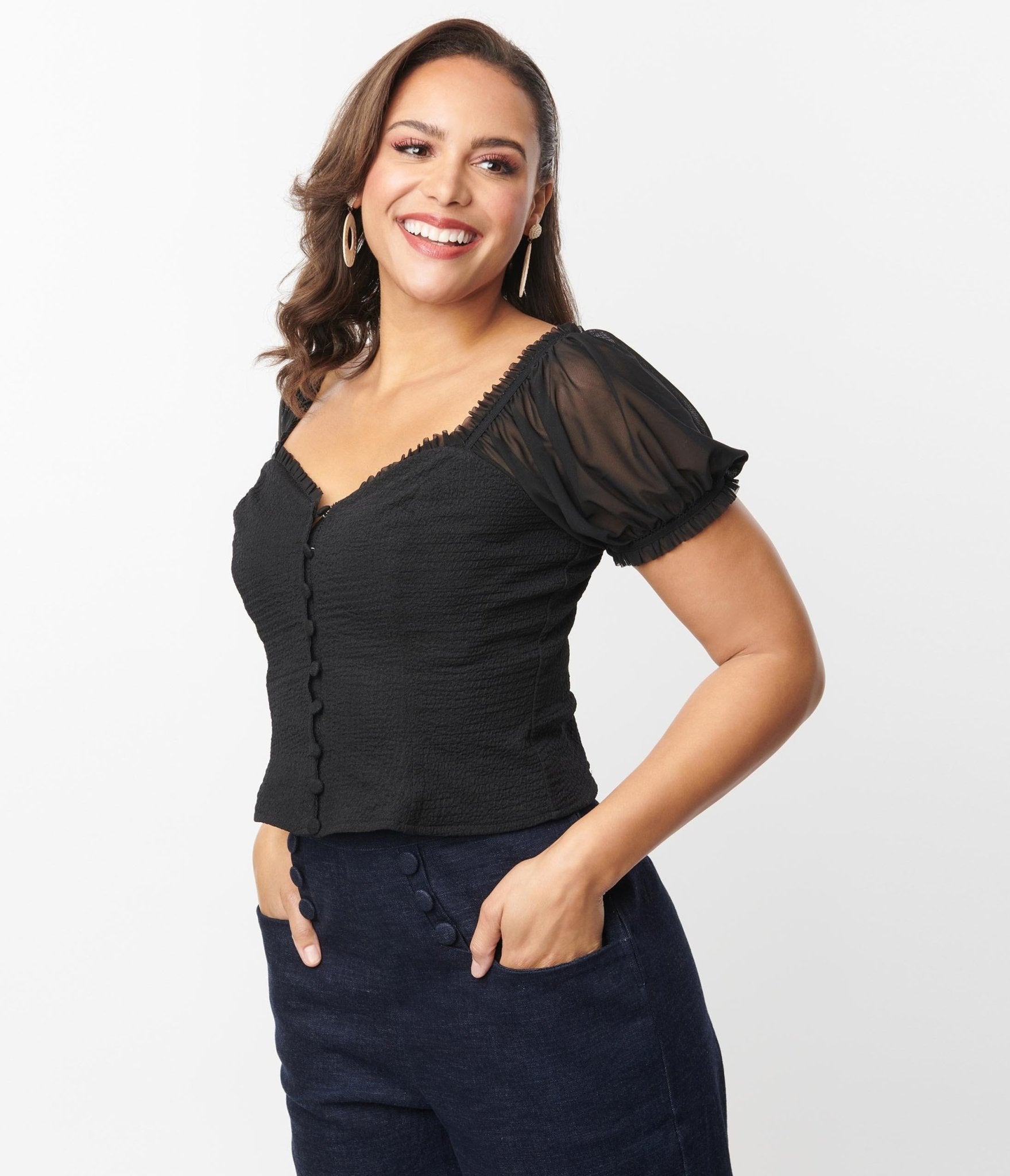Unique Vintage Black Textured Sweetheart Puff Sleeve Top - Unique Vintage - Womens, TOPS, WOVEN TOPS