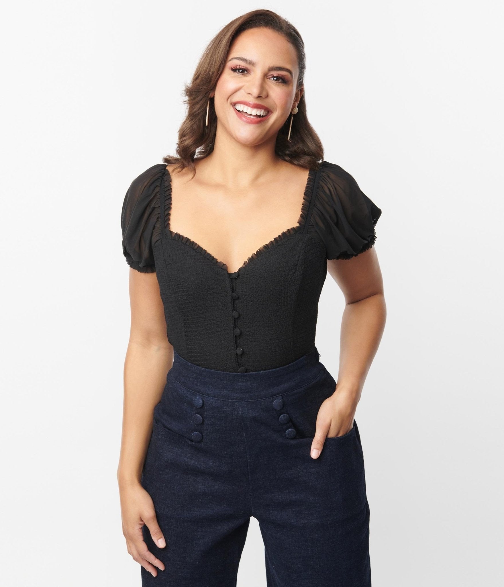 Unique Vintage Black Textured Sweetheart Puff Sleeve Top - Unique Vintage - Womens, TOPS, WOVEN TOPS