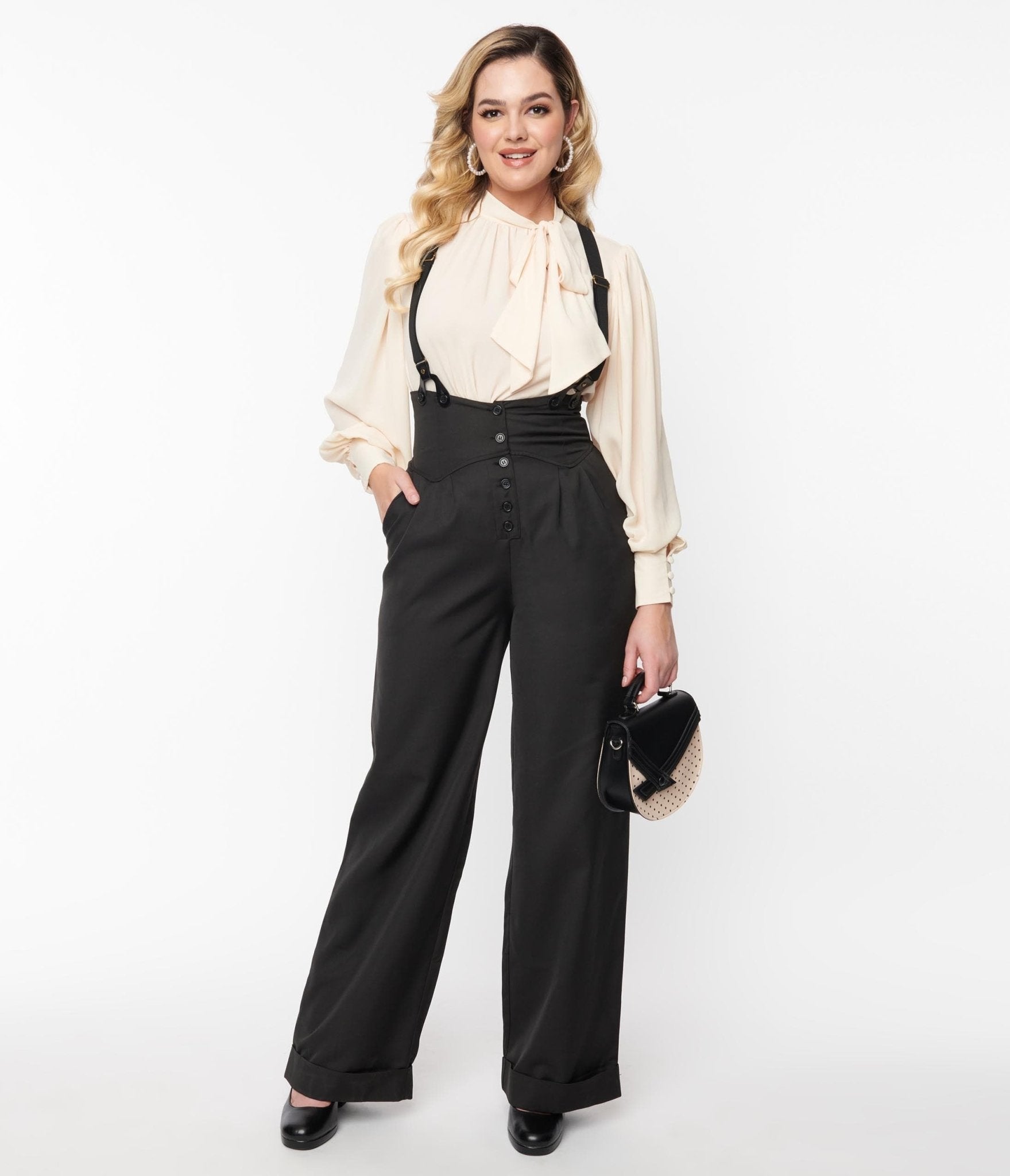 Unique Vintage Black Thelma Suspender Pants - Unique Vintage - Womens, BOTTOMS, PANTS