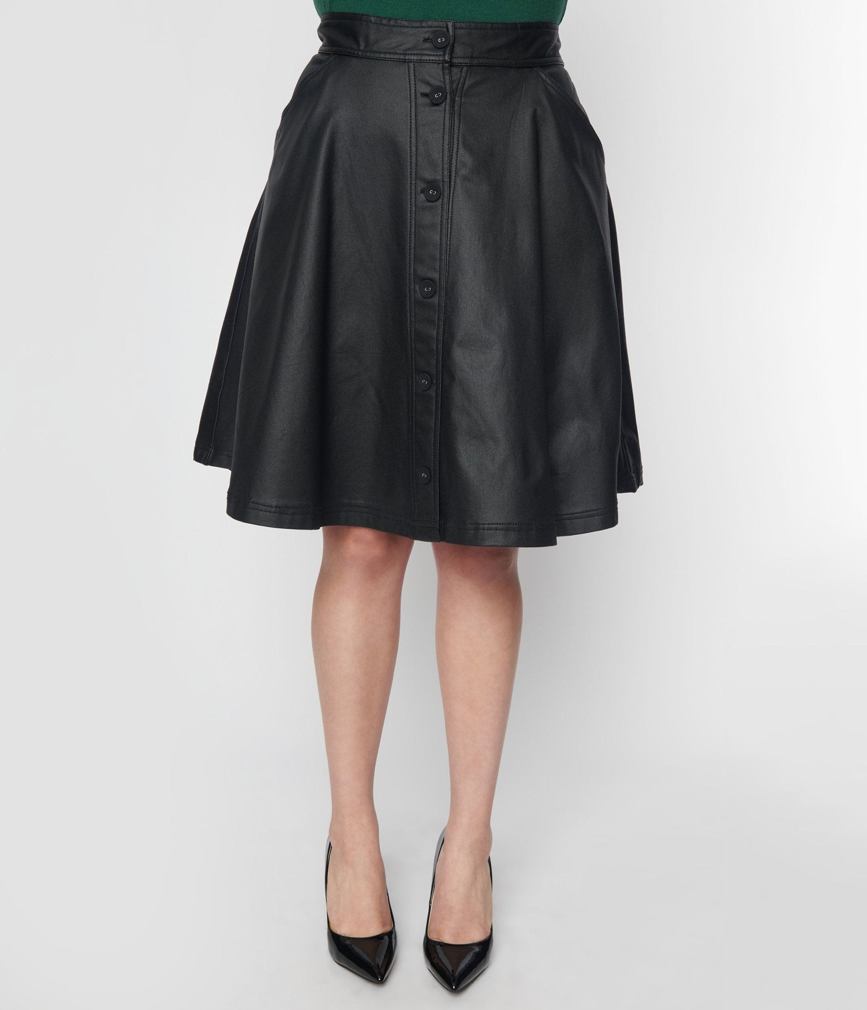 Unique Vintage Black Vegan Leather Flare Skirt