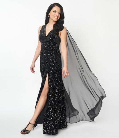 Unique Vintage Black Velvet Constellation Cape Gown - Unique Vintage - Womens, DRESSES, MAXI