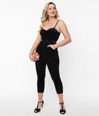 Unique Vintage Black Velvet Cropped Jumpsuit - Unique Vintage - Womens, BOTTOMS, ROMPERS AND JUMPSUITS