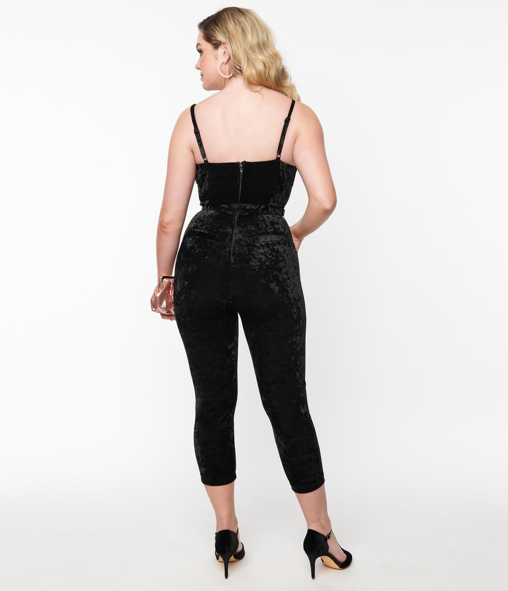 Unique Vintage Black Velvet Cropped Jumpsuit - Unique Vintage - Womens, BOTTOMS, ROMPERS AND JUMPSUITS