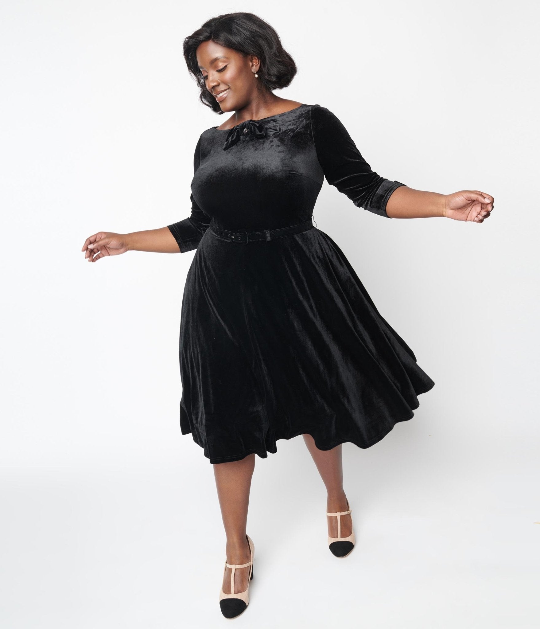Unique Vintage Black Velvet Faux Bow Devon Swing Dress - Unique Vintage - Womens, DRESSES, SWING