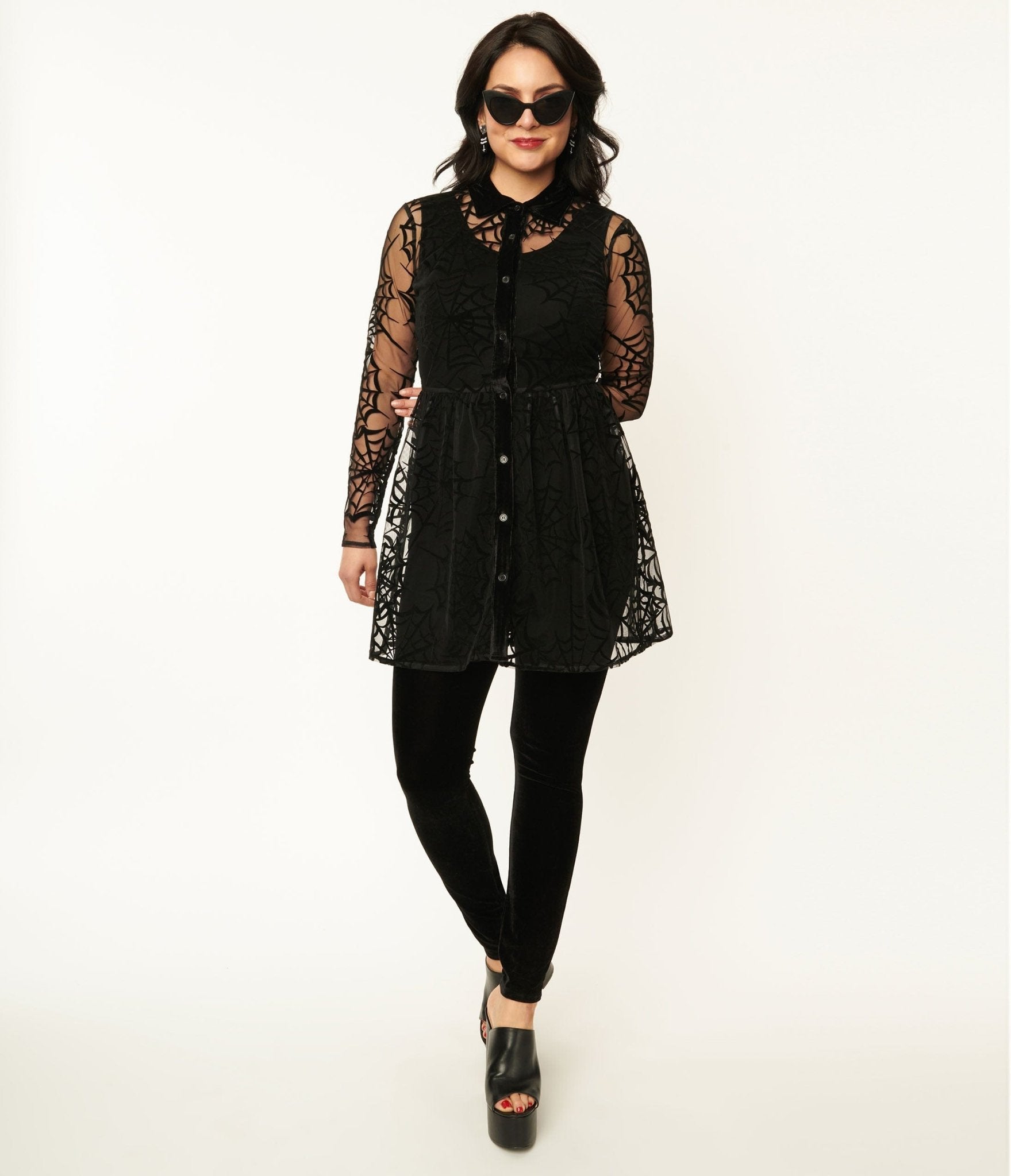 Unique Vintage Black Velvet & Spiderweb Shirt Dress & Jumpsuit Set - Unique Vintage - Womens, HALLOWEEN, BOTTOMS