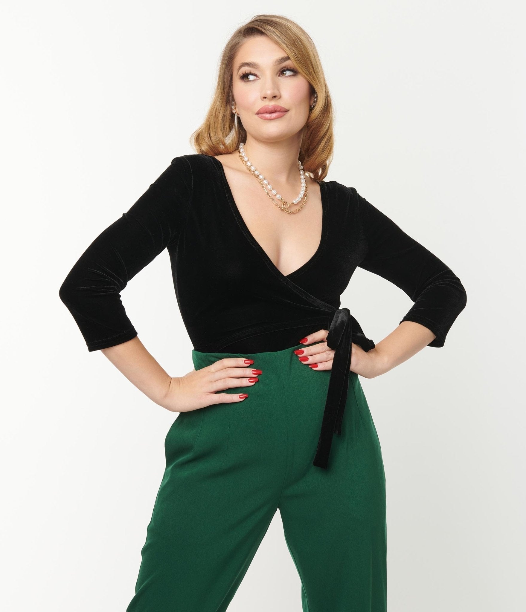 Unique Vintage Black Velvet Surplice Bodysuit - Unique Vintage - Womens, TOPS, BODYSUITS