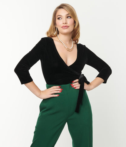 Unique Vintage Black Velvet Surplice Bodysuit - Unique Vintage - Womens, TOPS, BODYSUITS
