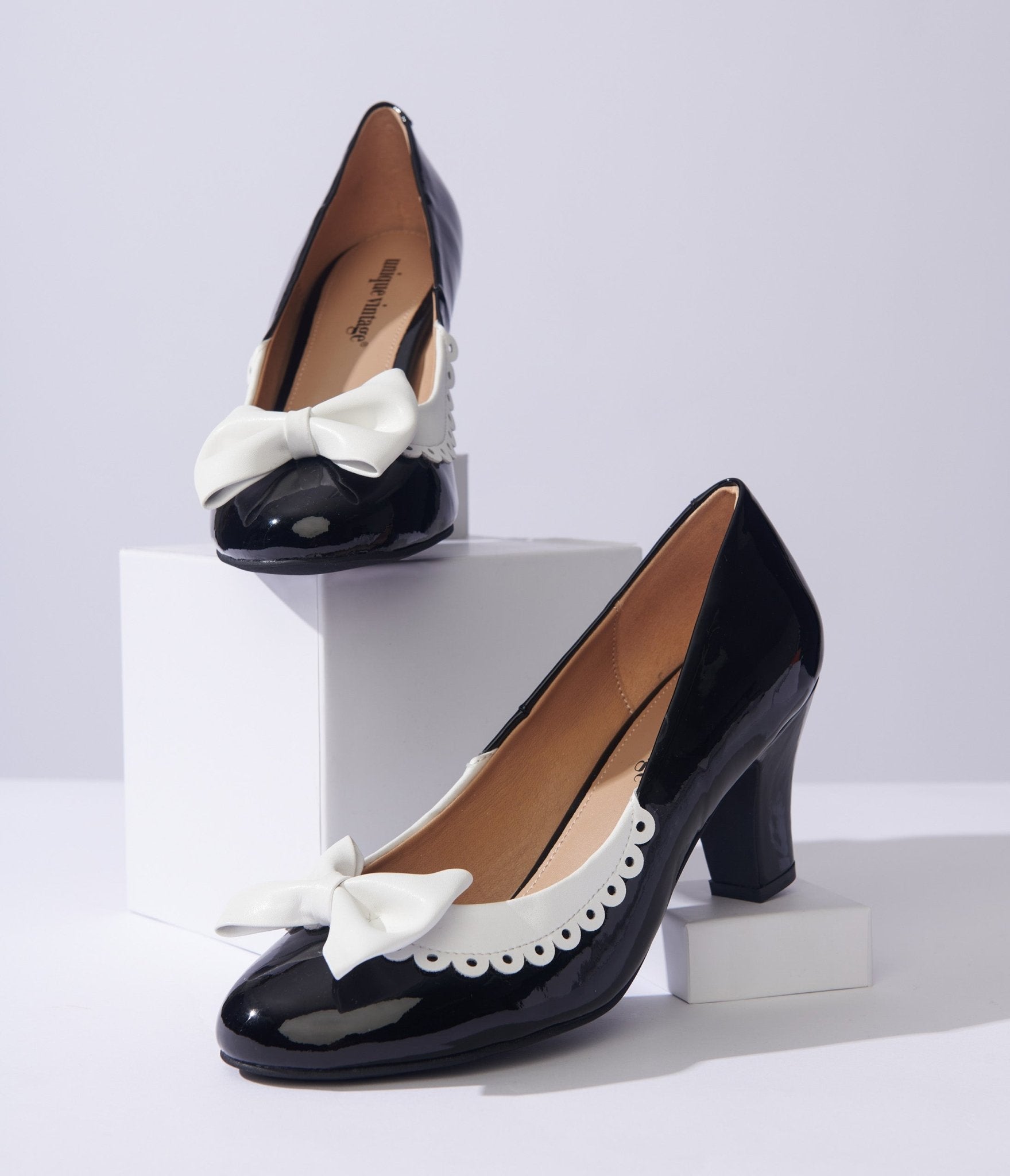 Unique Vintage Black & White Bow Patent Pumps - Unique Vintage - Womens, SHOES, HEELS