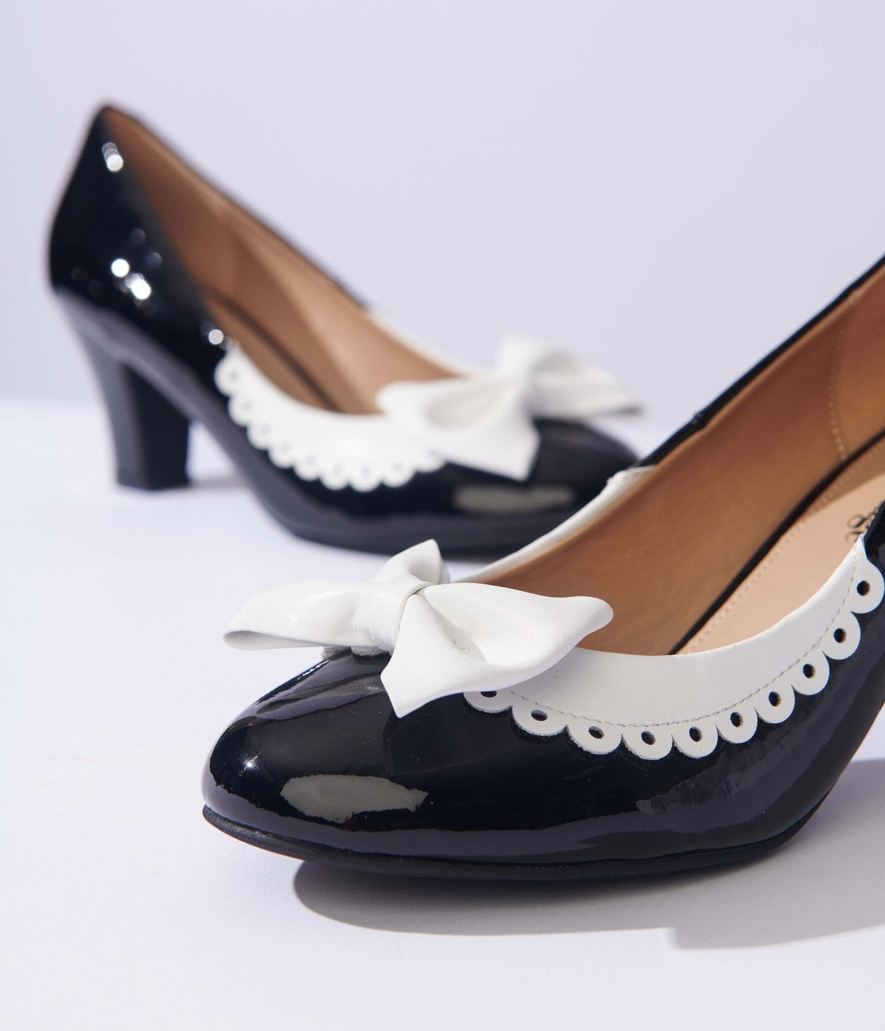 Unique Vintage Black & White Bow Patent Pumps - Unique Vintage - Womens, SHOES, HEELS