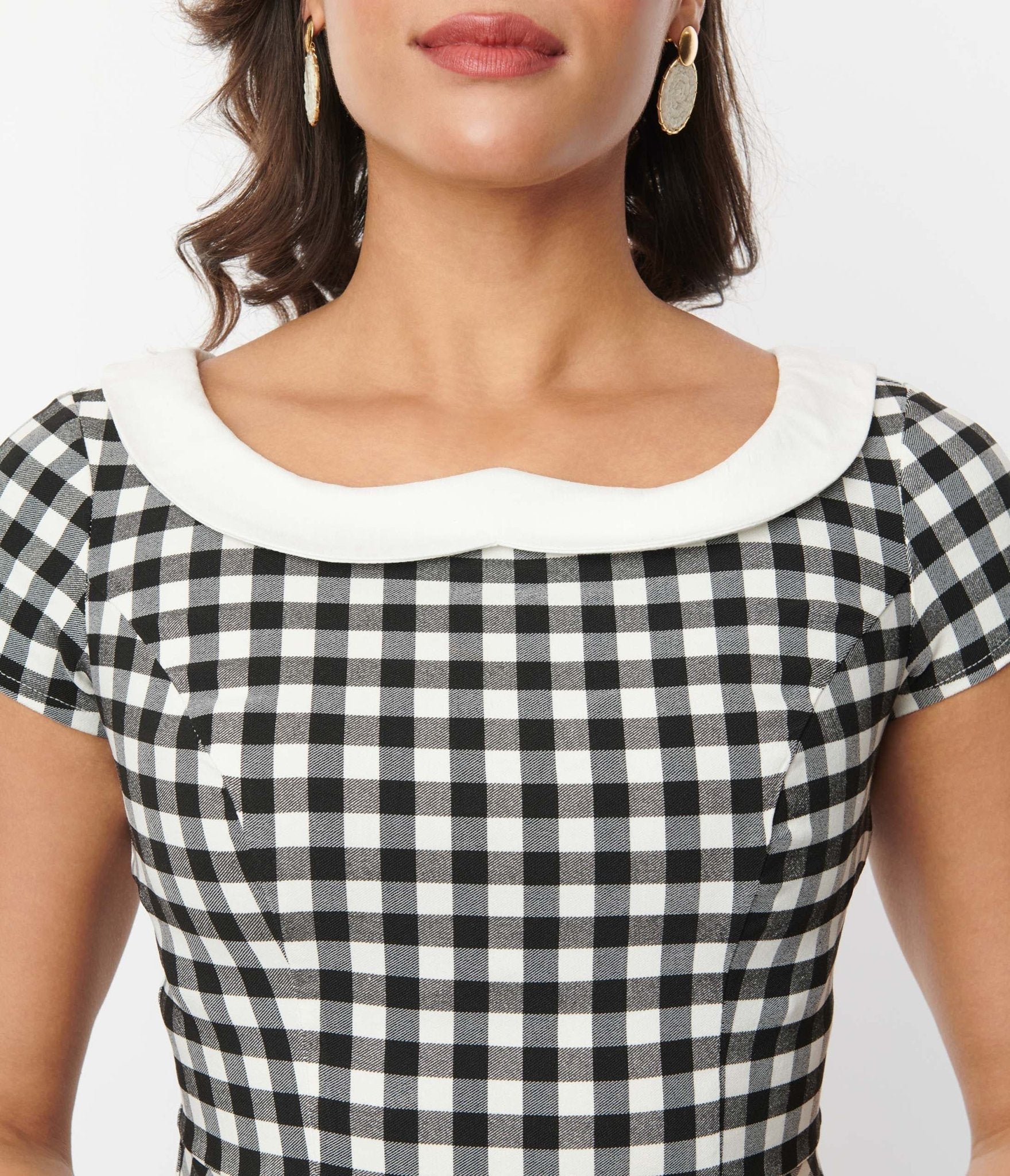 Unique Vintage Black White Gingham Collar Peplum Top