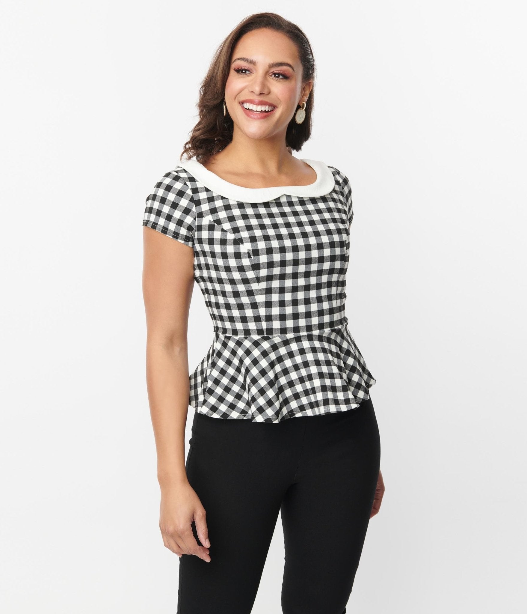 Unique Vintage Black & White Gingham Collar Peplum Top Unique Vintage Black & White Gingham Collar Peplum Top