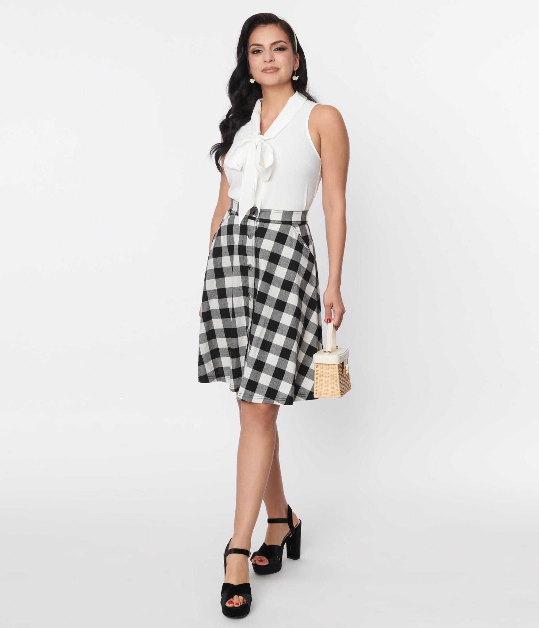 Unique Vintage Black White Gingham Swing Skirt