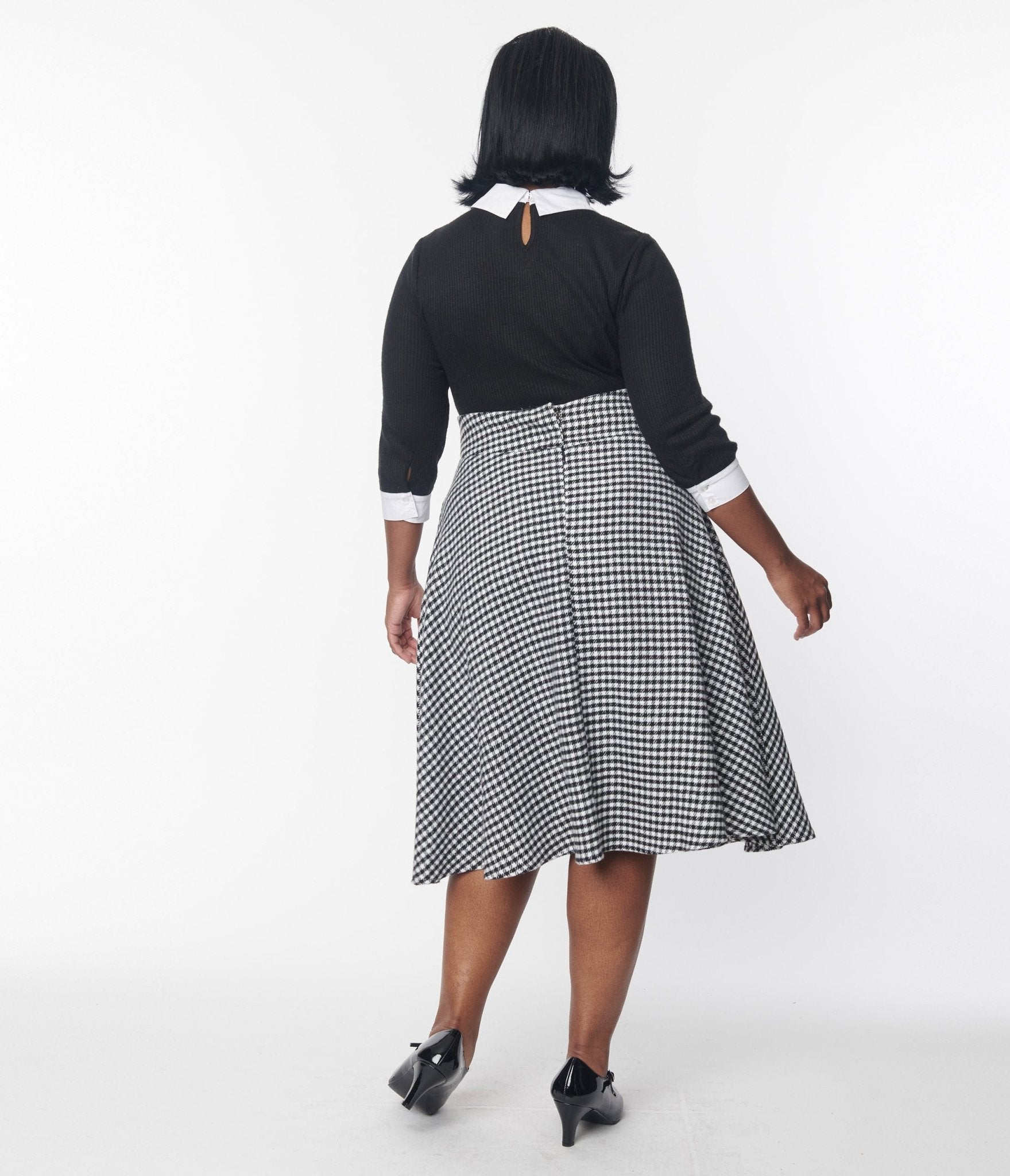 Unique Vintage Black White Houndstooth High Waist Vivien Swing Skirt