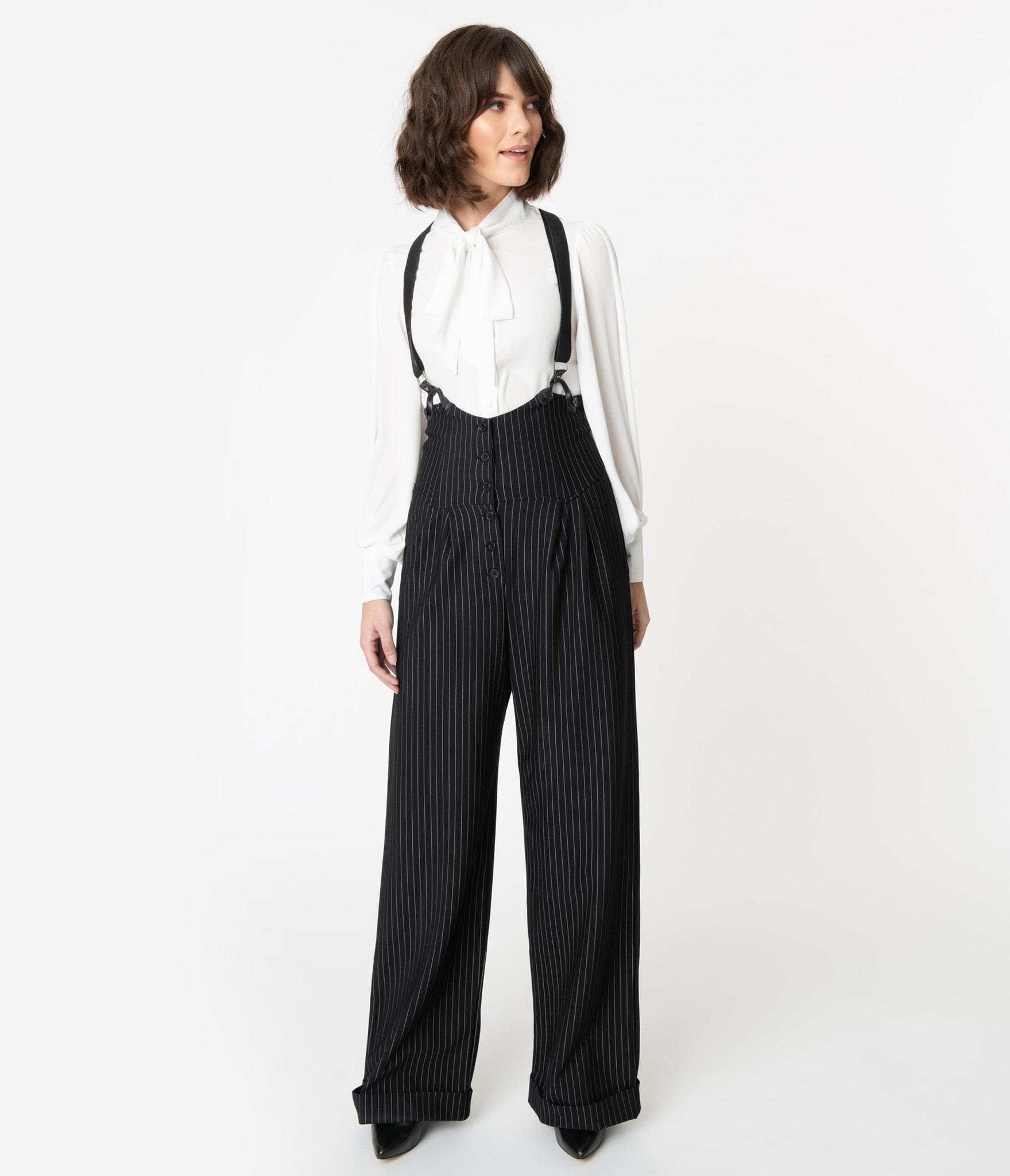 Unique Vintage Black & White Pin Stripe Thelma Suspender Pants - Unique Vintage - Womens, BOTTOMS, PANTS