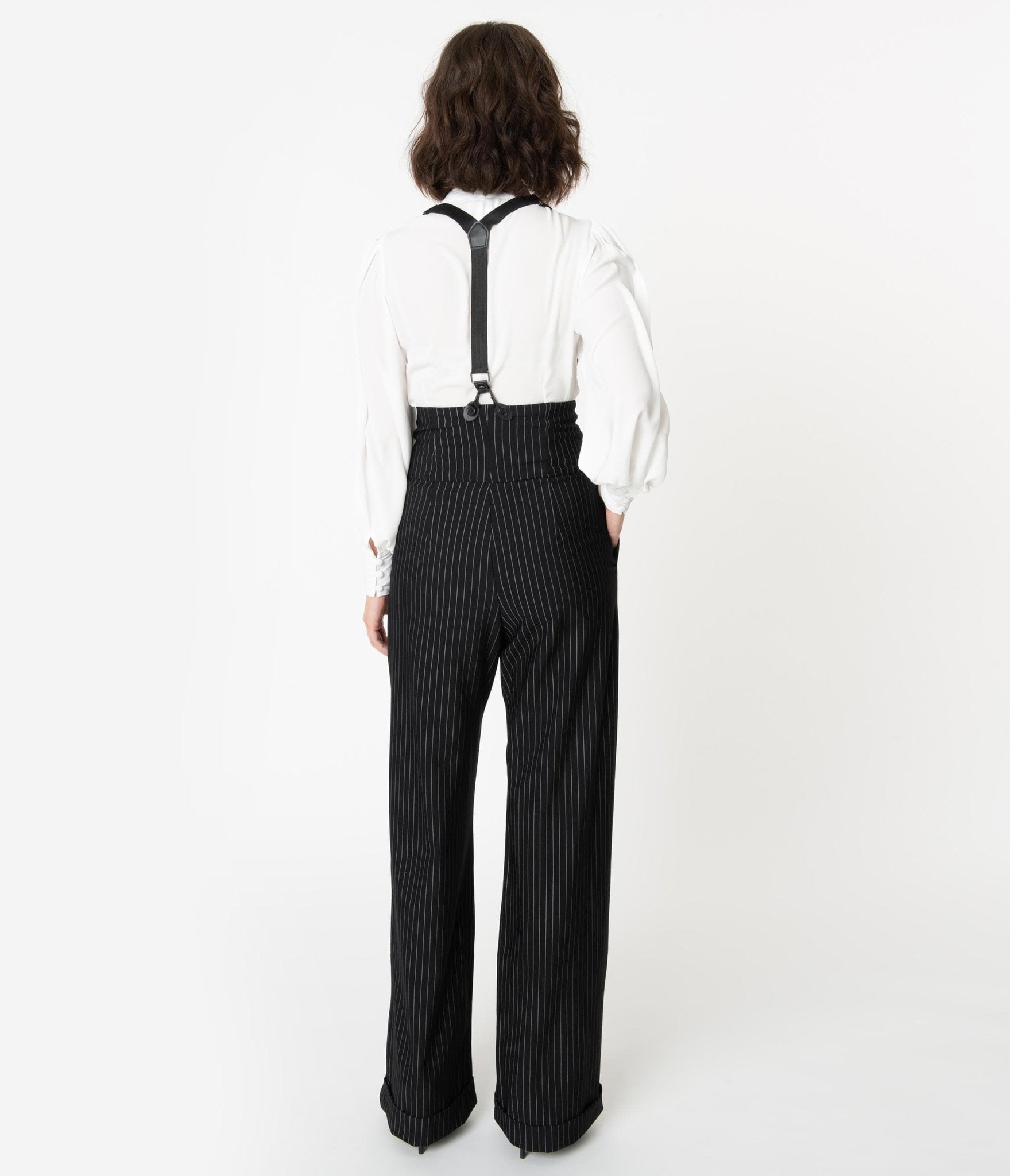 Unique Vintage Black & White Pin Stripe Thelma Suspender Pants - Unique Vintage - Womens, BOTTOMS, PANTS