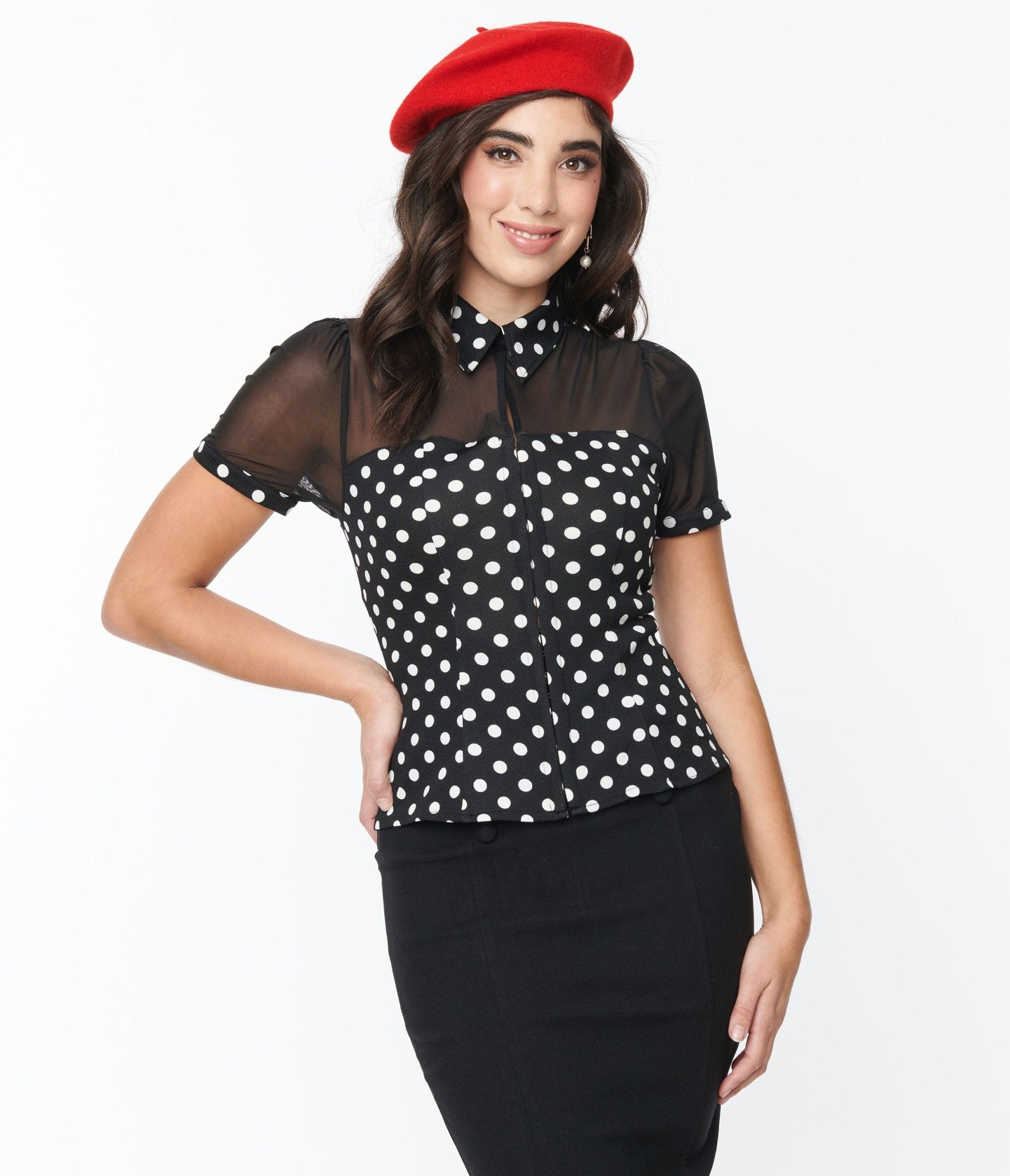 Unique Vintage Black & White Polka Dot Mesh Sweetheart Top - Unique Vintage - Womens, TOPS, WOVEN TOPS