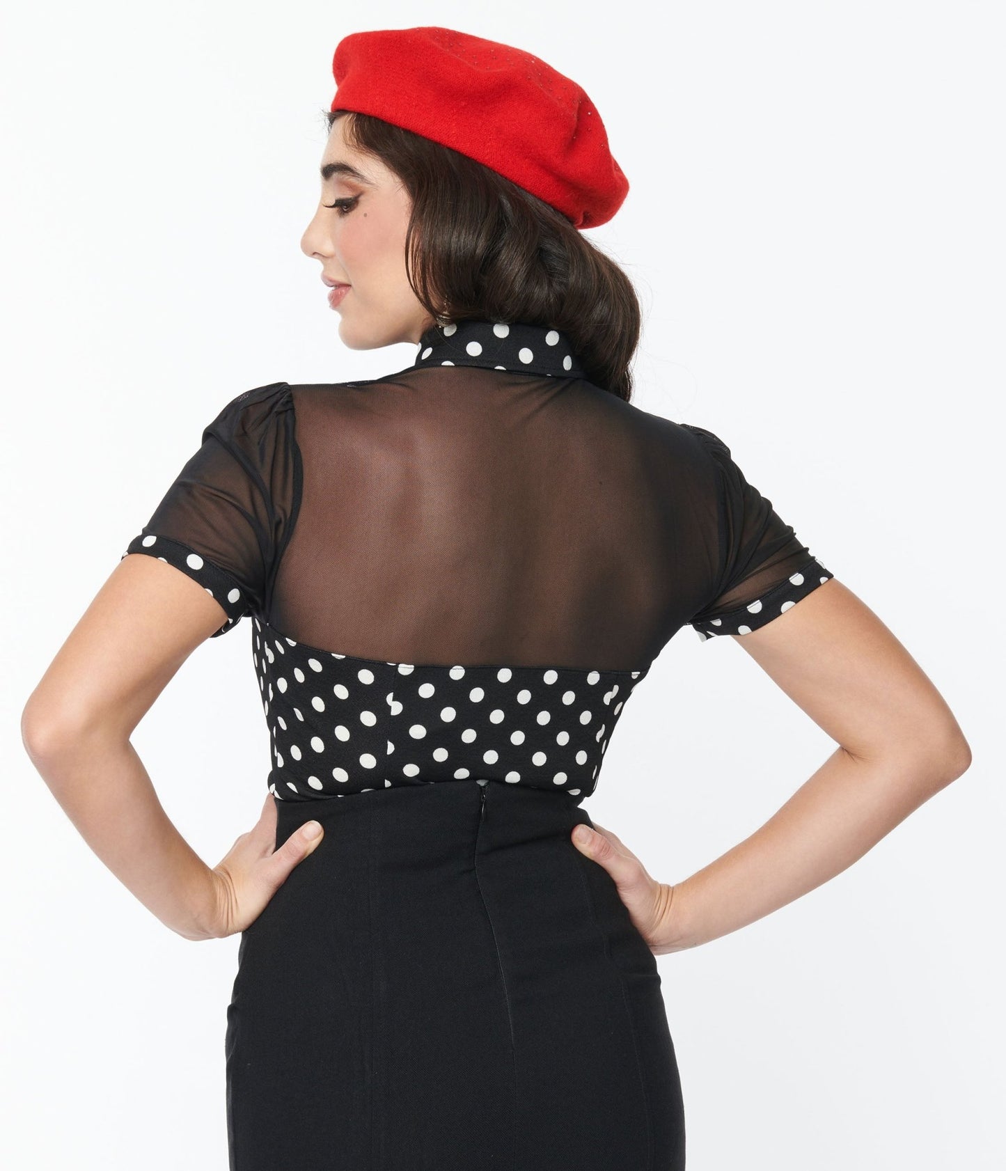 Unique Vintage Black & White Polka Dot Mesh Sweetheart Top - Unique Vintage - Womens, TOPS, WOVEN TOPS