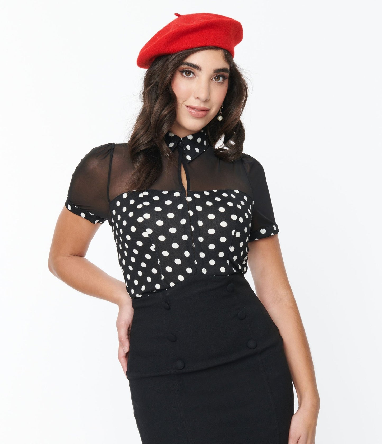 Unique Vintage Black & White Polka Dot Mesh Sweetheart Top - Unique Vintage - Womens, TOPS, WOVEN TOPS