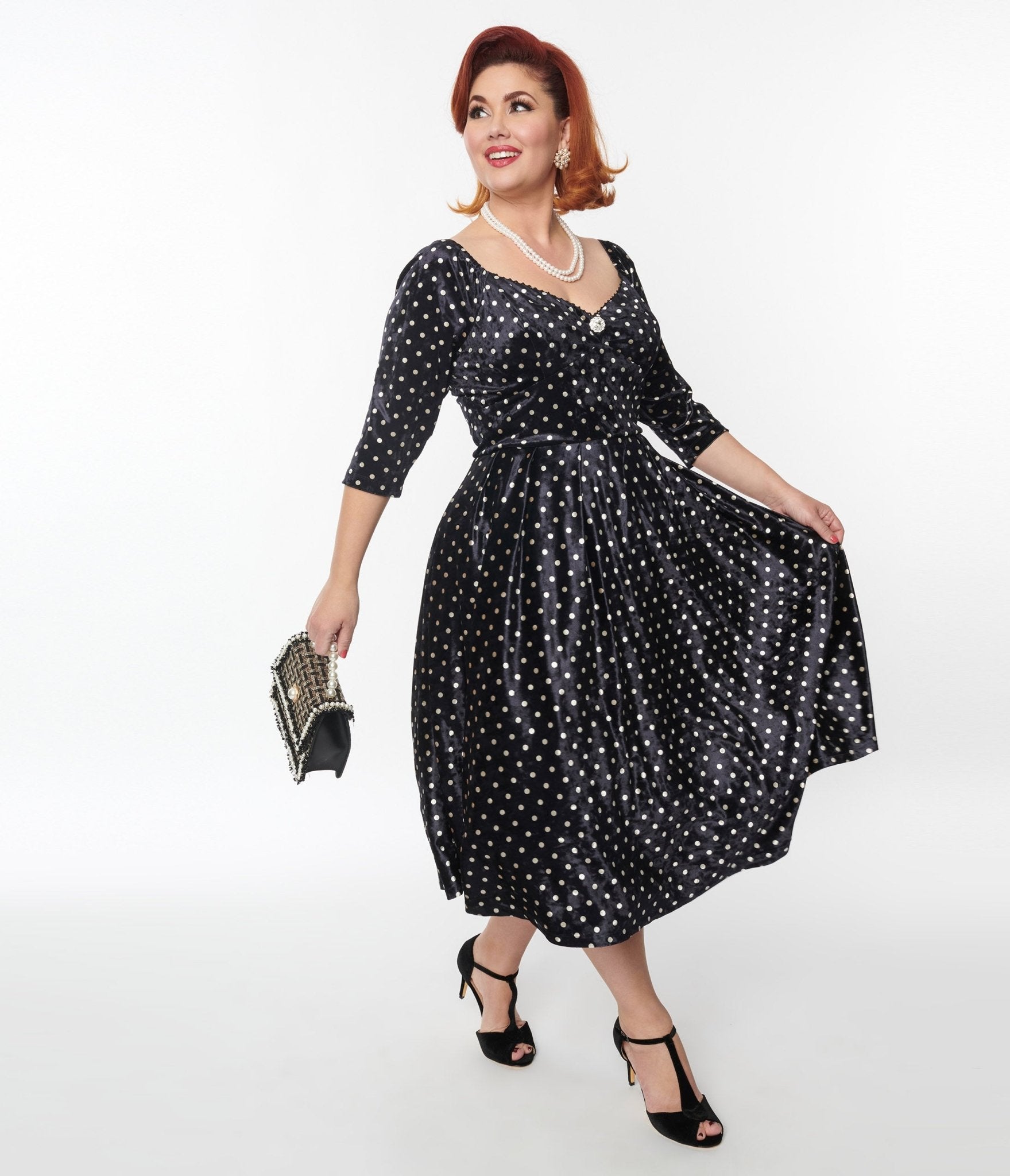 Unique Vintage Black White Polka Dot Velvet Lamar Swing Dress