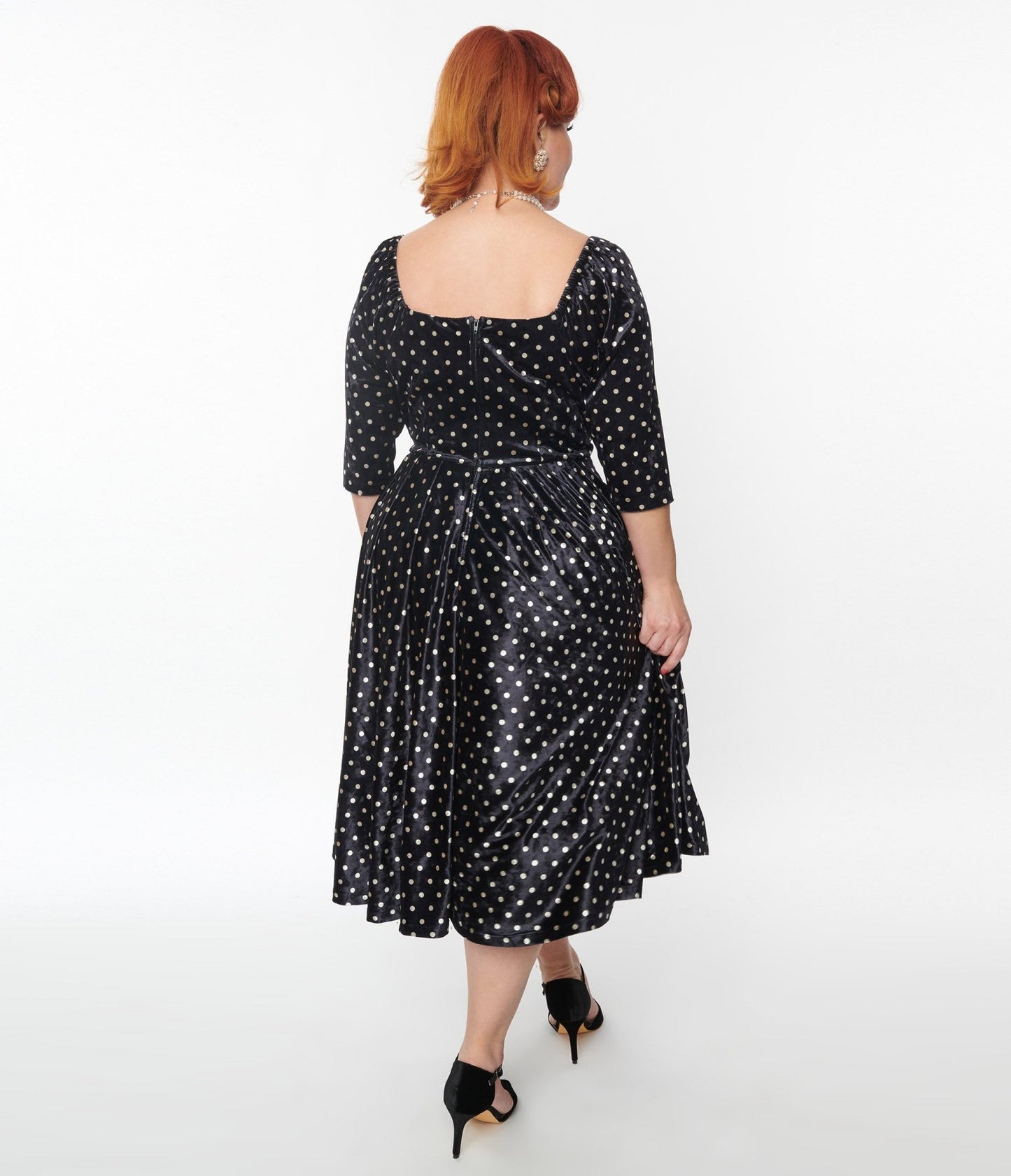 Unique Vintage Black & White Polka Dot Velvet Lamar Swing Dress - Unique Vintage - Womens, DRESSES, SWING
