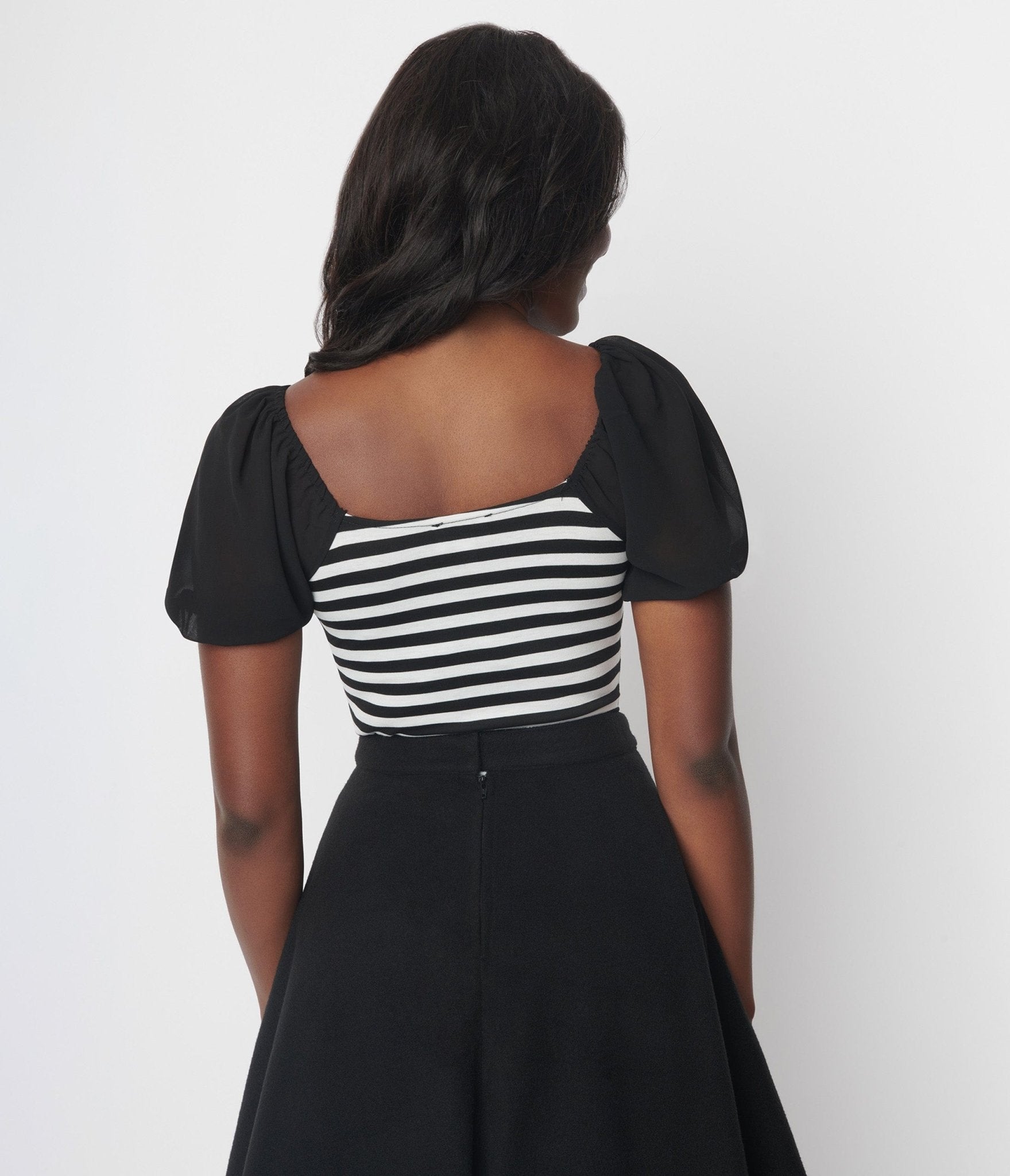 Unique Vintage Black & White Stripe Chiffon Puff Sleeve Bodysuit - Unique Vintage - Womens, TOPS, BODYSUITS