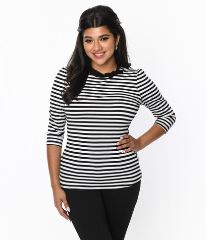 Unique Vintage Black & White Stripe Three Quarter Sleeve Sweetie Knit Top - Unique Vintage - Womens, TOPS, KNIT TOPS