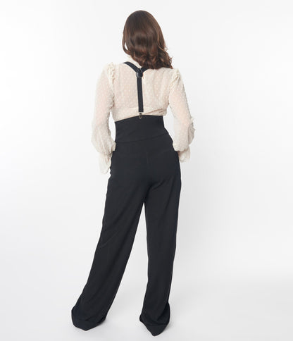 Unique Vintage Black Wide Leg Suspender Pants - Unique Vintage - Womens, BOTTOMS, PANTS