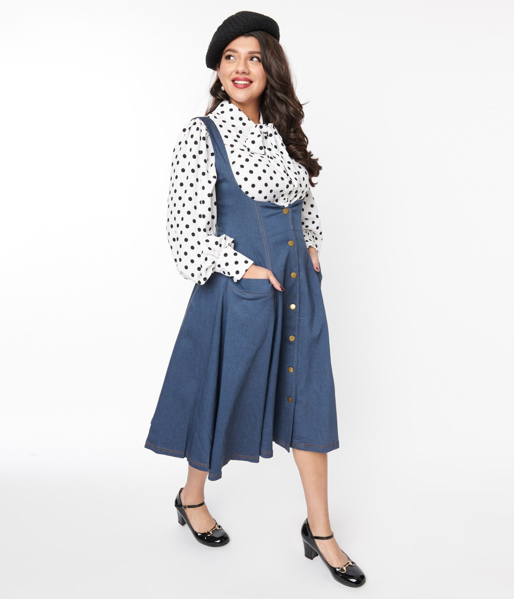 Retro Vintage Unique Vintage Blue Denim Button Suspender Swing