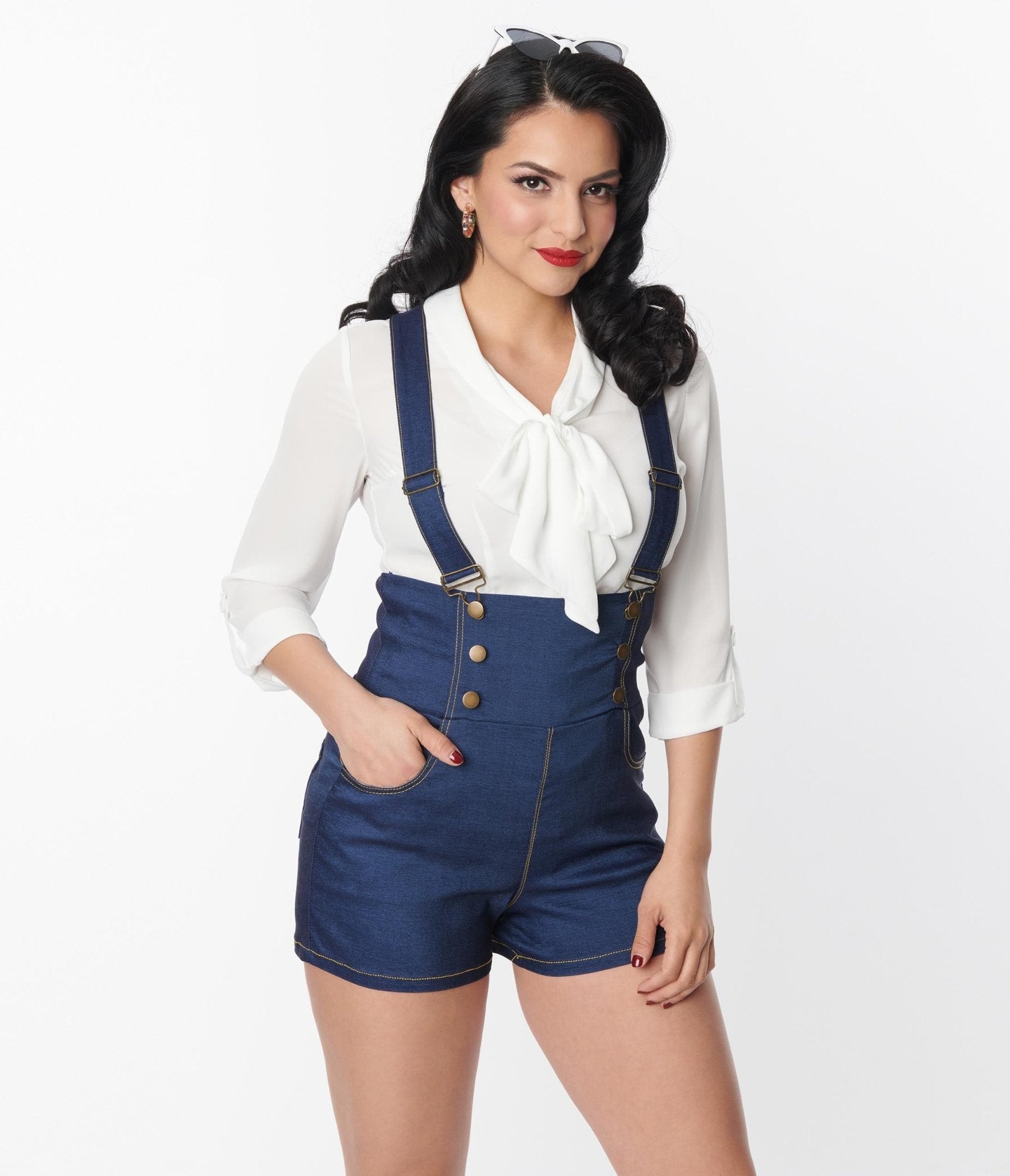 Unique Vintage Blue Denim Pinafore Shorts